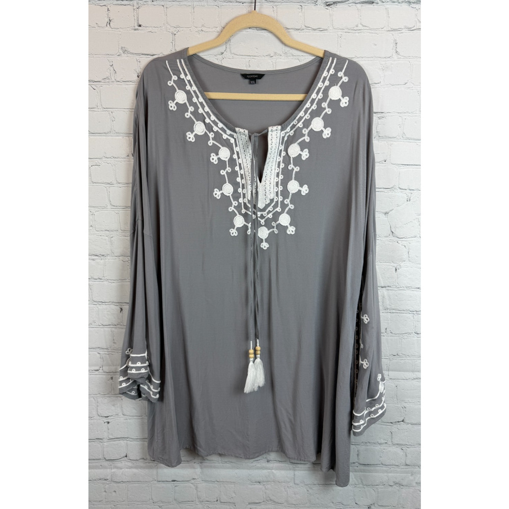 Embroidered Gray Tunic Top with Tassels